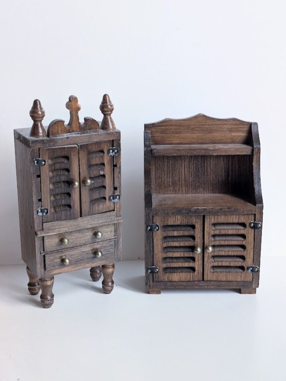 2 Vintage Wood Dollhouse Miniature Hutch Cabinet Armoire Wardrobe Furniture